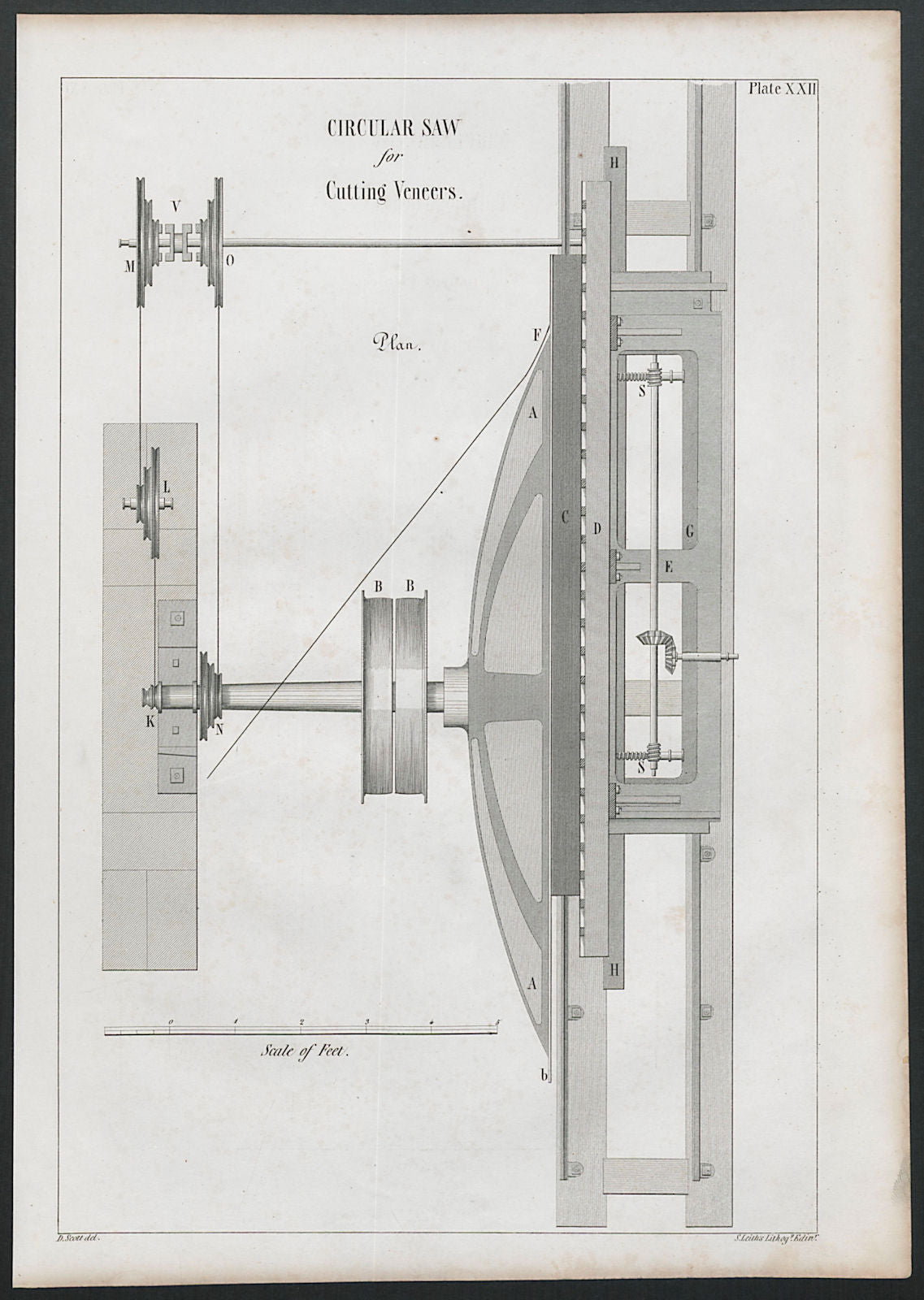 VICTORIAN ENGINEERING DRAWING Circular saw for cutting veneers  1847 old print